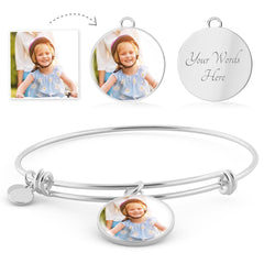 Custom Photo Charm Bracelet • Personalized Picture Bangle • Engraved Message Jewelry Gift for Mom, Daughter, Grandma • Gold Keepsake Bracelet