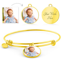 Custom Photo Charm Bracelet • Personalized Picture Bangle • Engraved Message Jewelry Gift for Mom, Daughter, Grandma • Gold Keepsake Bracelet
